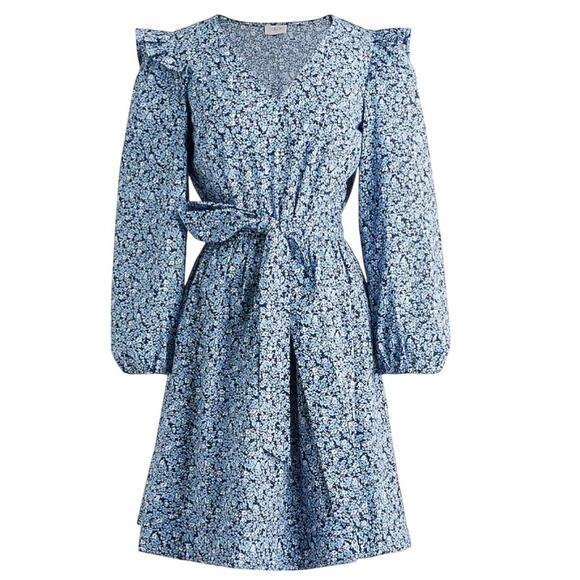 J. Crew Blue Floral Cotton Long Sleeve Mini Dress Size XL - Picture 1 of 10